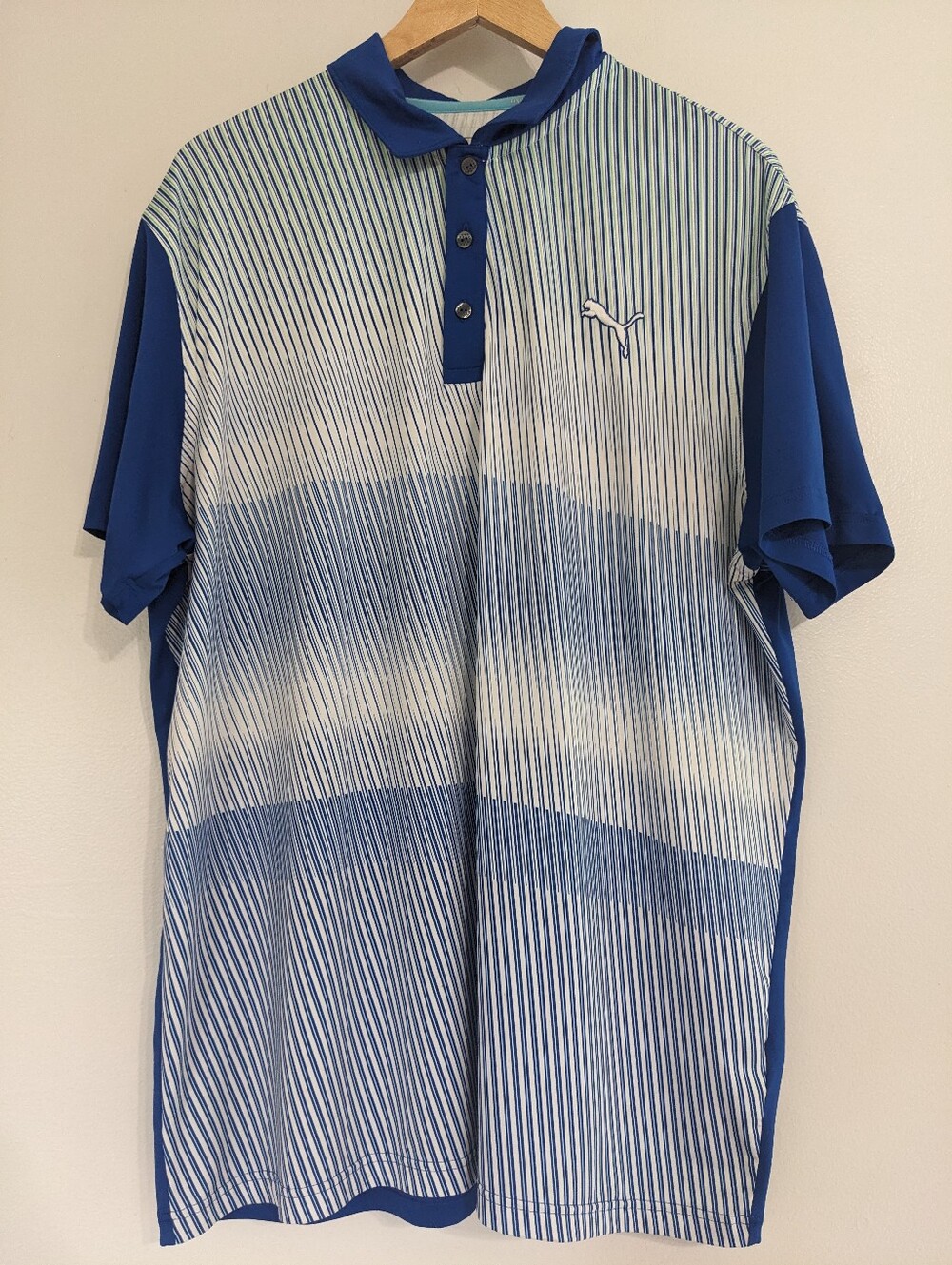Puma Golf Polo Mens XL Blue White Green Striped Short Sleeve Quick Dry Collard